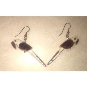 Vintage Wooden Hand Painted Parrot Bird Earings On Brass Fishhooks